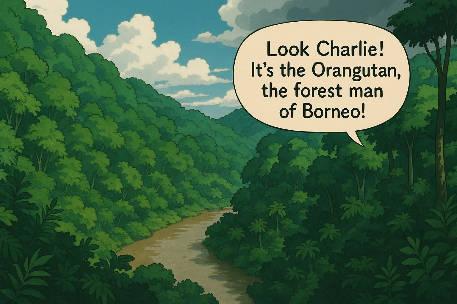 Establishing shot of jungle with the orangutan